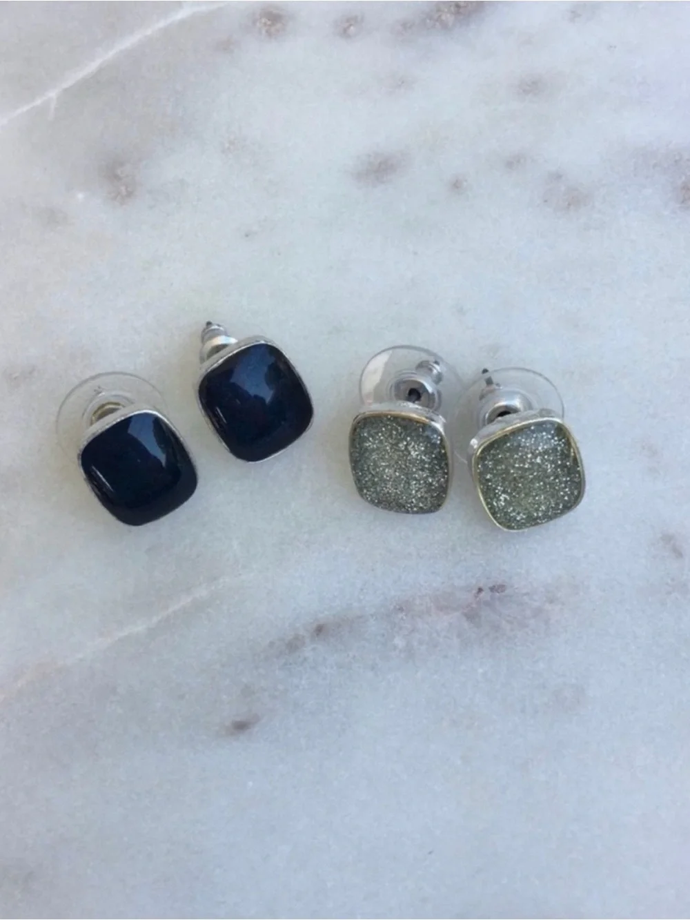 Two Pairs of Square Stud Earrings - Black and Silver Glitter